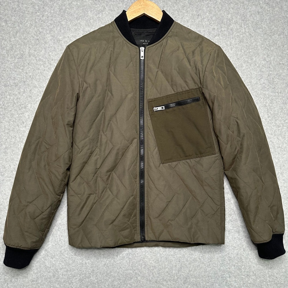Rag & Bone Mens Quilted Bomber Jacket Olive Green Chevron Zip Pocket Size 36 XS